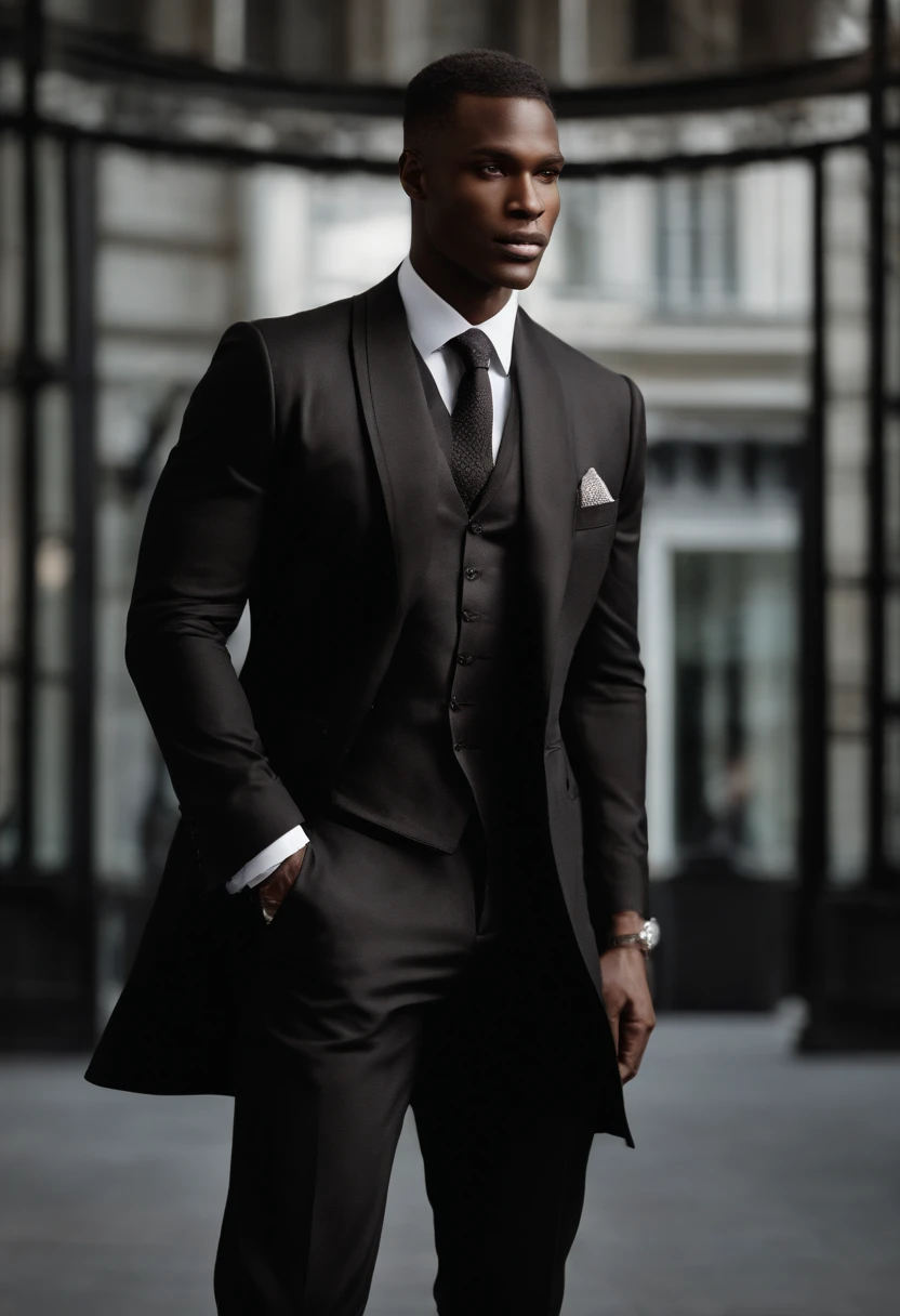 ---

He exudes a magnetic presence, standing tall with an air of confidence. His skin is a rich, dark chocolate hue, radiating a warmth that complements his striking features. Sharp cheekbones frame a strong jawline, giving his face a chiseled, sculpted look. His eyes are deep pools of intensity, a shade of dark brown that seems to hold a world of mystery.

His hair is closely cropped, a neat and defined style that accentuates his strong forehead. It's a shade of midnight black that complements his complexion perfectly, adding to his allure. His lips are full and inviting, bearing a natural, charismatic smile that holds a touch of playfulness.

He's dressed in a tailored suit that hugs his frame in all the right places, emphasizing his well-toned physique. The suit's deep charcoal color complements his skin tone, creating a striking contrast. Each movement exudes a quiet, self-assured grace, hinting at an underlying strength.

Around his neck, he wears a simple, silver chain with a small, unobtrusive pendant, adding a subtle touch of elegance to his ensemble. His hands are strong and capable, with long, dexterous fingers that suggest a skilled touch.

In the air around him, there's an almost tangible sense of confidence and allure. He carries himself with an effortless charm that draws people in, and his presence commands attention wherever he goes.

---