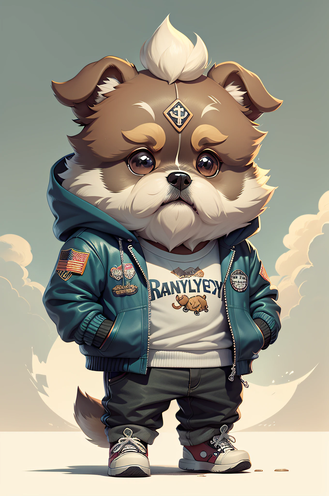 C4tt4stic, Ride a Harley-Davidson、Cartoon Shih Tzu dog in jacket and skateboard(Body hair is camel colored、Details of the appearance of Shih Tzu dogs