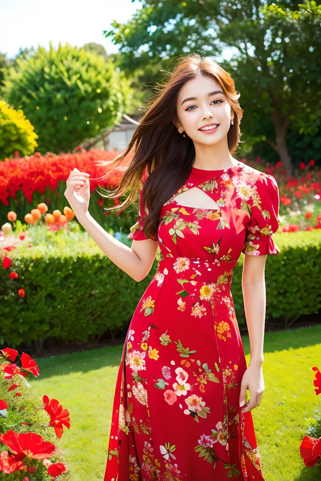 Happy theme , (best quality, masterpiece:1.2), 18yo beautiful girl in garden, Dress: Opt for a breezy and flowy maxi dress in a vibrant color or a fun floral pattern. Maxi dresses are great for capturing movement and creating an elegant look. (red flowers mess in background:1.3),