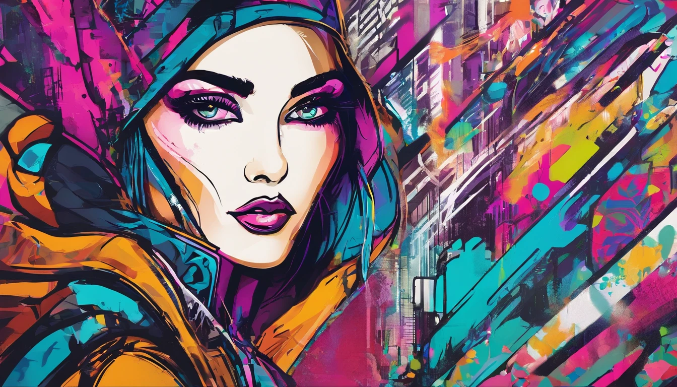The woman, dressed in a fashionable coat in the city, ciberpunk, 2D art games, Detailed character expressions, close up, in the style of soft brushstroke realism, Dark and neon colors,  ::1 neckline ::-0.5 --ar 2:3 - without splitting