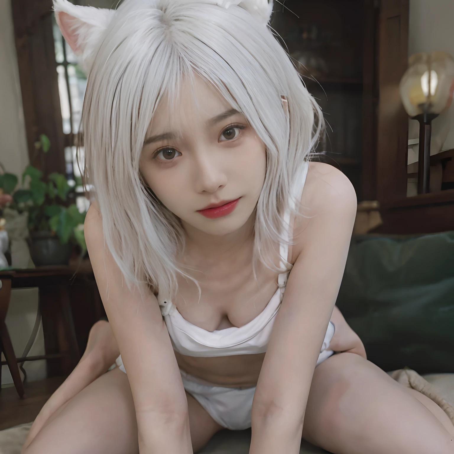 8K,((NSFW))、(Sexy poses collection)、((in one's underwear only))、(((White hair color))) 、undersized head、Best Quality, masutepiece, Ultra High Resolution, (Realism: 1.4), Original photo, (True skin texture: 1.3), (Film grain: 1.3), Beautiful eyes and face details, masutepiece, Best Quality, close up, Full body、short-cut、18year old、White cat ears