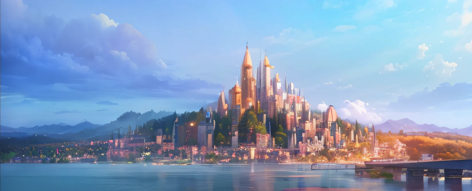 Panoramic view of the art town，Lots of art, architecture and forests，Some buildings use stained glass，There are vertical forest buildings，There are castle-like buildings；figura《Zootopia》