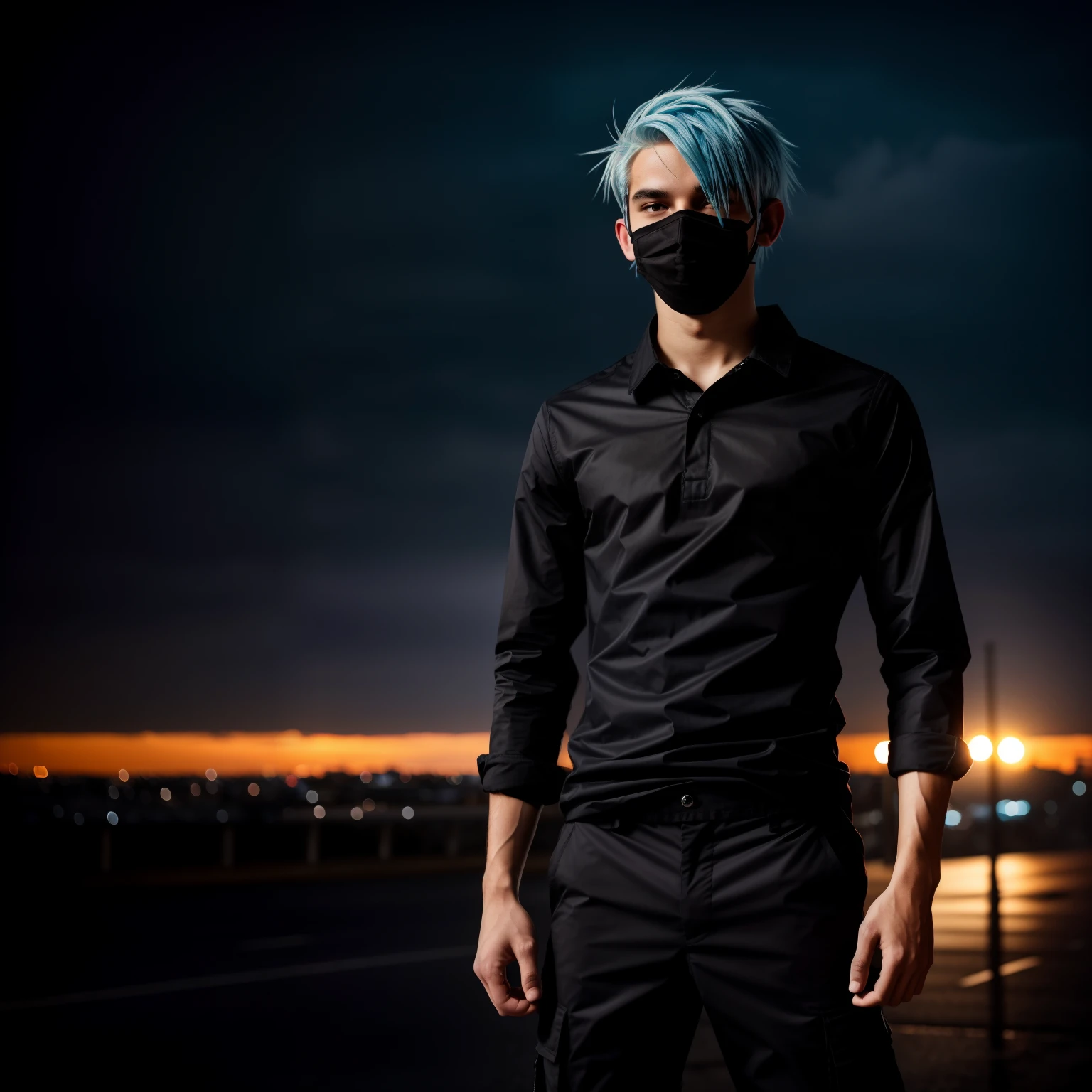  male posing, skinny body, city, atmospheric, cute face, blue white hair, mask, dead inside, black shirt, dark lighting, cargo pants, bokeh, background blur, rain, fog, sunset, full body view