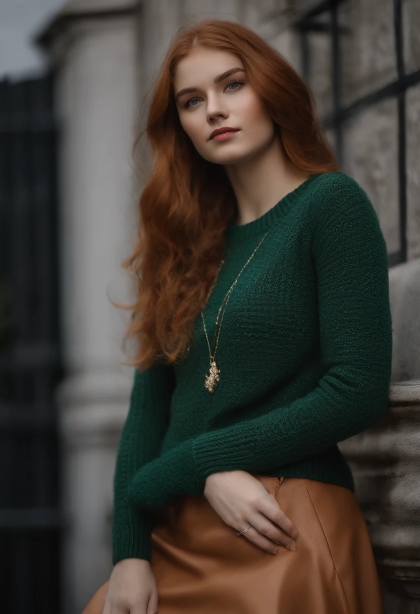professionnel, (Photo 4k:1.1) (mise au point nette:1.3), High detail, Porter (pull en tricot:1.2), beautifull detailed face, Une jolie adolescente de 19ans aux cheveux roux , Panasonic Lumix S Pro 50mm F/1.4, splash of color, dark orange and dark emerald, Ferrania P30, photo realist, (Jeune adolescente :1.3), (belle:1.1), (rougissant:1.1), Forme du corps du sablier, petit seins ronds, hanches mince, at university, 19ans, en top