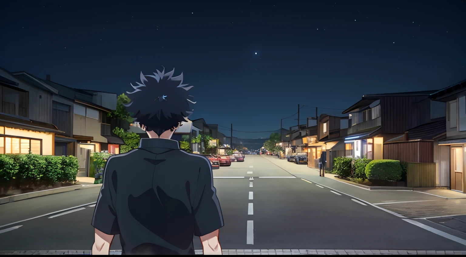 koe no katachi, man in tention, local road background, vehicles, crowd, night , dark black night