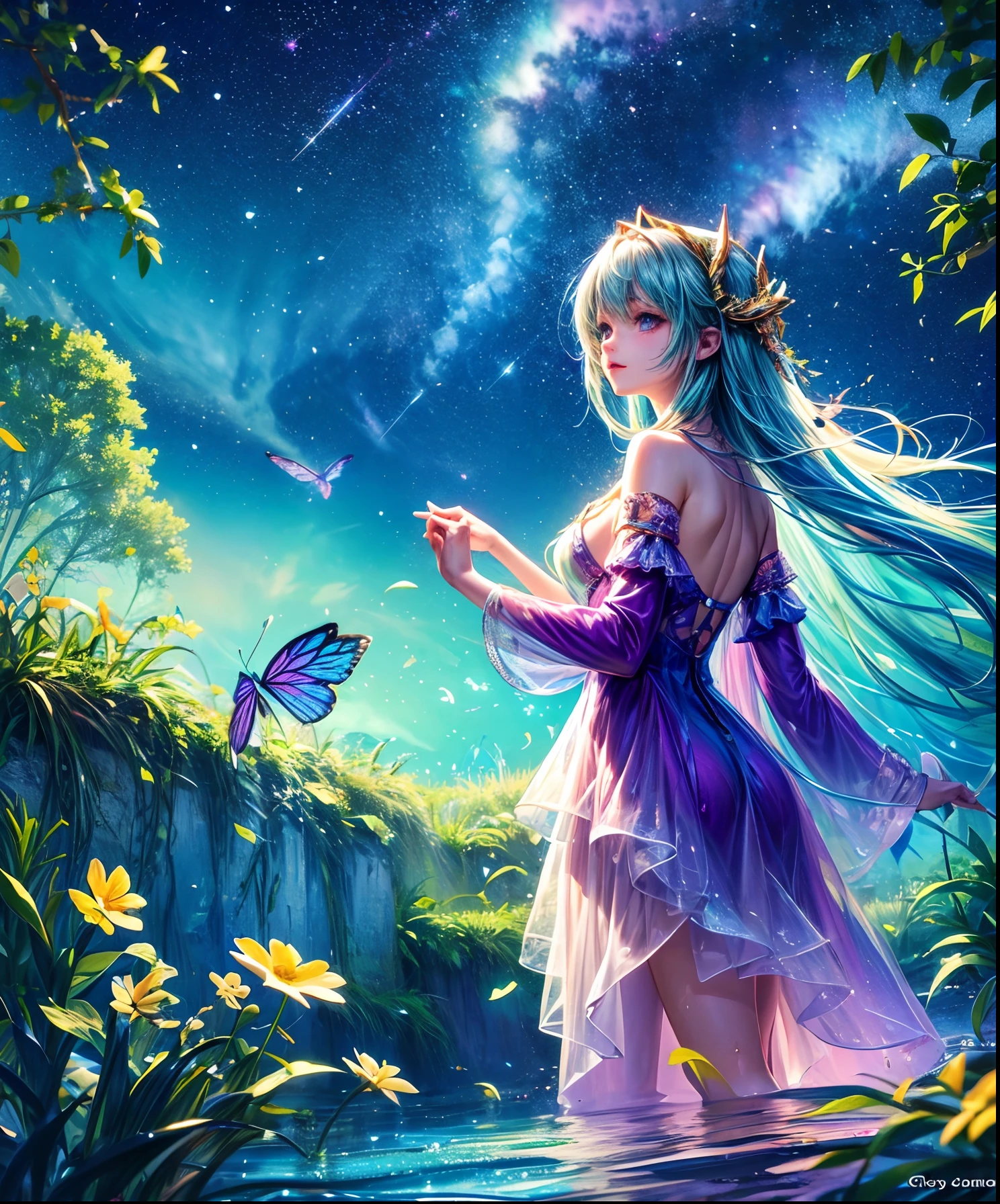 Cute girl characters、Describes a scene with grassy butterflies lying on the water flying around, Looking up at the starry sky. Surround her with colorful nebulae and her favorite constellations.