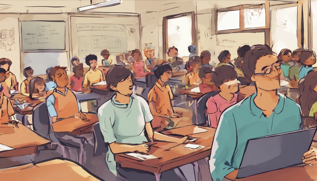 Creating an image, which illustrates the effect of a mediocre educational process, Represents a class, dove (The teacher is a European) is not able to interest European students and pass on knowledge to them. Students look bored and frustrated, The teacher looks insecure and ineffective, Bright colors and expressive gestures, An atmosphere of indifference,