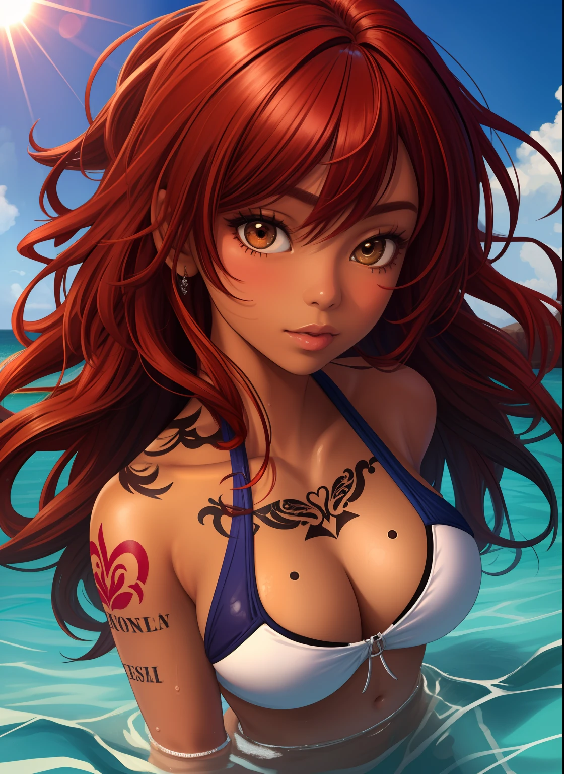 Masterpiece,best quality,high quality,ultra-realistic, Extremely detailed,vibrant colors,female teenager,sunny day, portrait, (brown skin complexion), seducing, swim suit, chest, arms, belly button, red hair, Tattoos