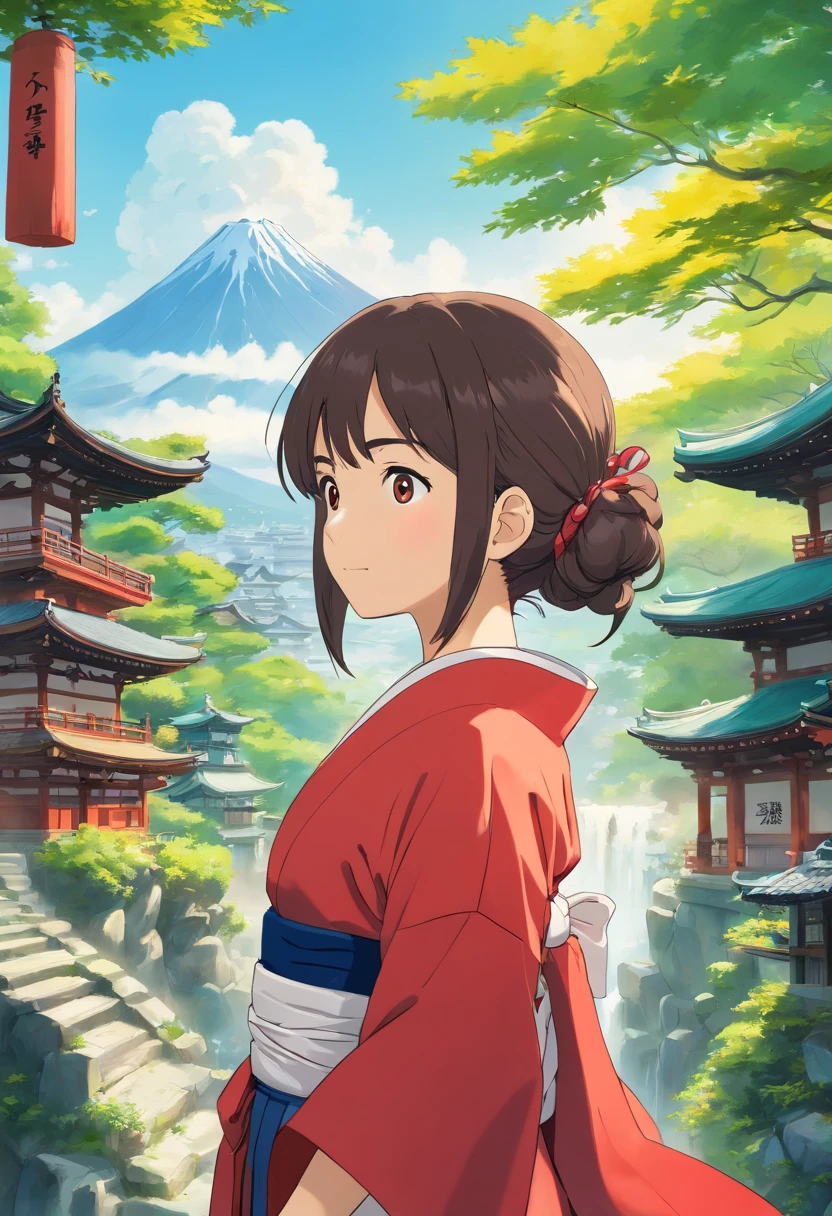 Su ojo izquierdo es de cristal. Asian girl, Cabello largo, Front view, cuerpo completo, Set against the backdrop of a Japanese temple, with trees, rivers, A beautiful sunny day. The girl will wear a red kimono, Tiene una cicatriz en el ojo izquierdo.