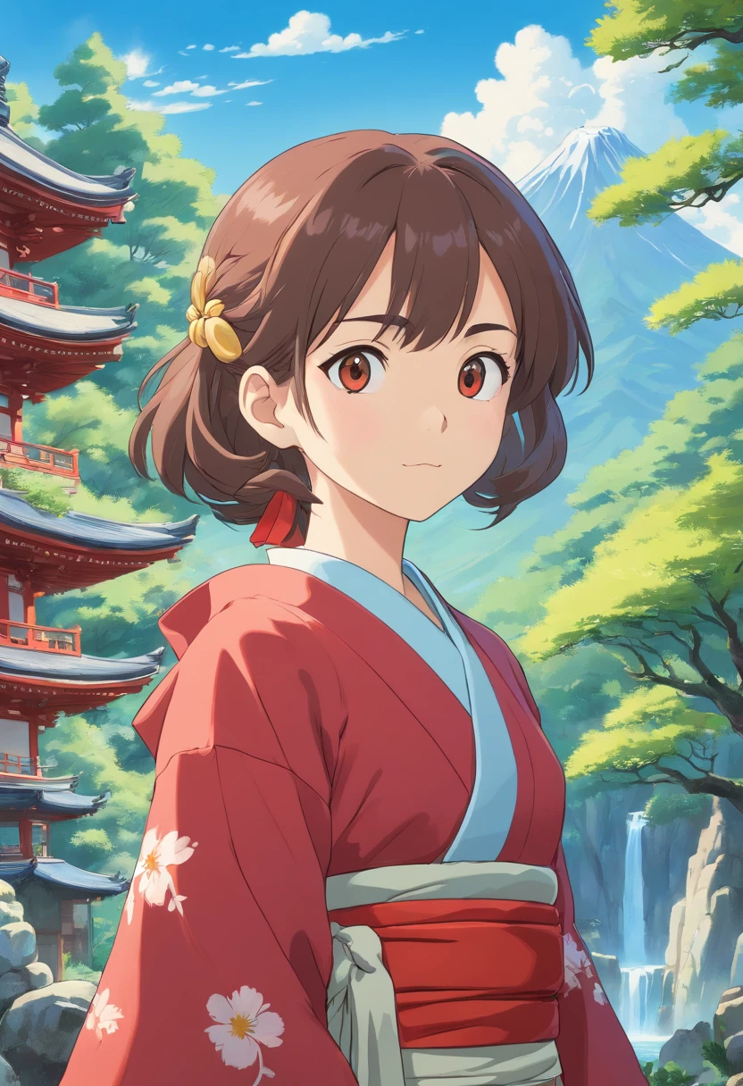 Su ojo izquierdo es de cristal. Asian girl, Cabello largo, Front view, cuerpo completo, Set against the backdrop of a Japanese temple, with trees, rivers, A beautiful sunny day. The girl will wear a red kimono, Tiene una cicatriz en el ojo izquierdo.