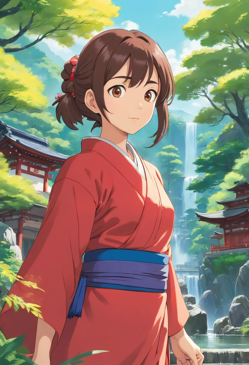 Su ojo izquierdo es de cristal. Asian girl, Cabello largo, Front view, cuerpo completo, Set against the backdrop of a Japanese temple, with trees, rivers, A beautiful sunny day. The girl will wear a red kimono, Tiene una cicatriz en el ojo izquierdo.