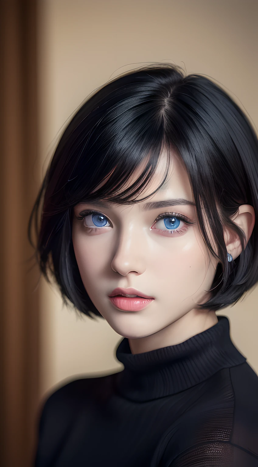 (masterpiece:1.3), (8k, photorealistic, RAW photo, best quality: 1.4), (1girl), beautiful face, (realistic face), (black hair, short hair:1.3), beautiful hairstyle, realistic eyes, beautiful detailed eyes (blue eyes), (realistic skin), beautiful skin, (sweater), absurdres, attractive, ultra high res, ultra realistic, highly detailed, golden ratio