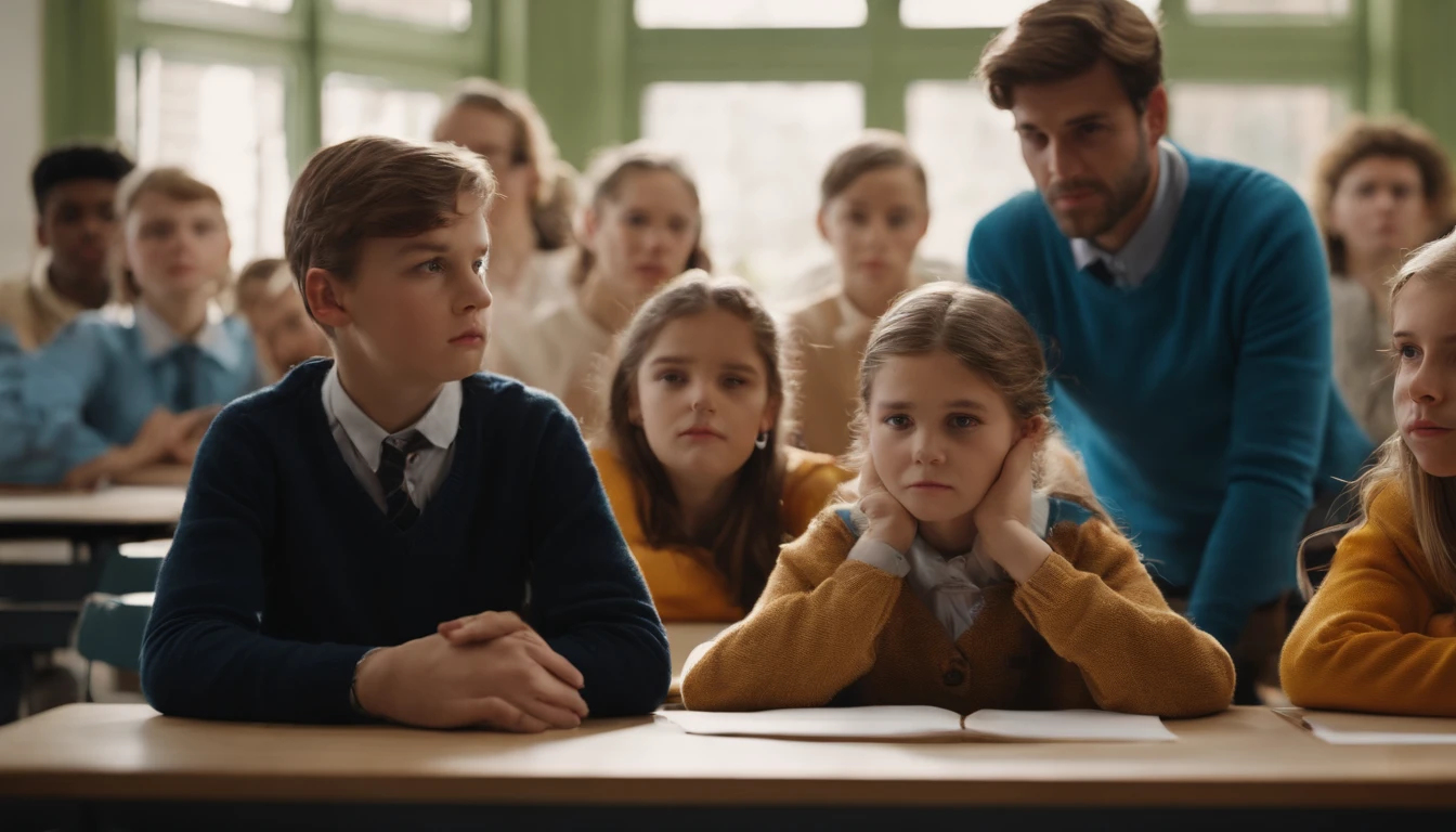 Creating an image, which illustrates the effect of a mediocre educational process, Represents a class, dove (The teacher is a European) is not able to interest European students and pass on knowledge to them. Students look bored and frustrated, The teacher looks insecure and ineffective, Bright colors and expressive gestures, An atmosphere of indifference,