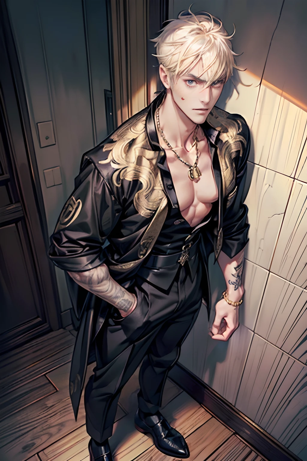 Solo, A strong and handsome 35-year-old Japanese yakuza male, He sits in a spacious traditional Japanese-style room, Super short blonde hair, Trimmed beard, Very masculine face shape, Wide face, Evil flirtatious smile, (((Bleak white complexion, Severe dark circles on the face, The body is covered with delicate and gorgeous Japanese tattoo patterns, Wearing simple earrings and a gold necklace, Wear a gorgeous black gold print shirt in Versace style and black suit trousers, Gold shoes))), natural light in room, Strong contrast between light and shadow, ((Extremely dark environment)), Cinematic full-lens camera, (high detal:1.8), (Camera FS), (Full shot), Art style, (((perfect bodies, Perfect face, Perfect eye))), dangerous, bad-ass, Epic, Male, Anime style, Vector illustration, ((by Ghibli Studio)), Makoto Shinkai, (com rosto detalhado:1.8), (low-saturation)
