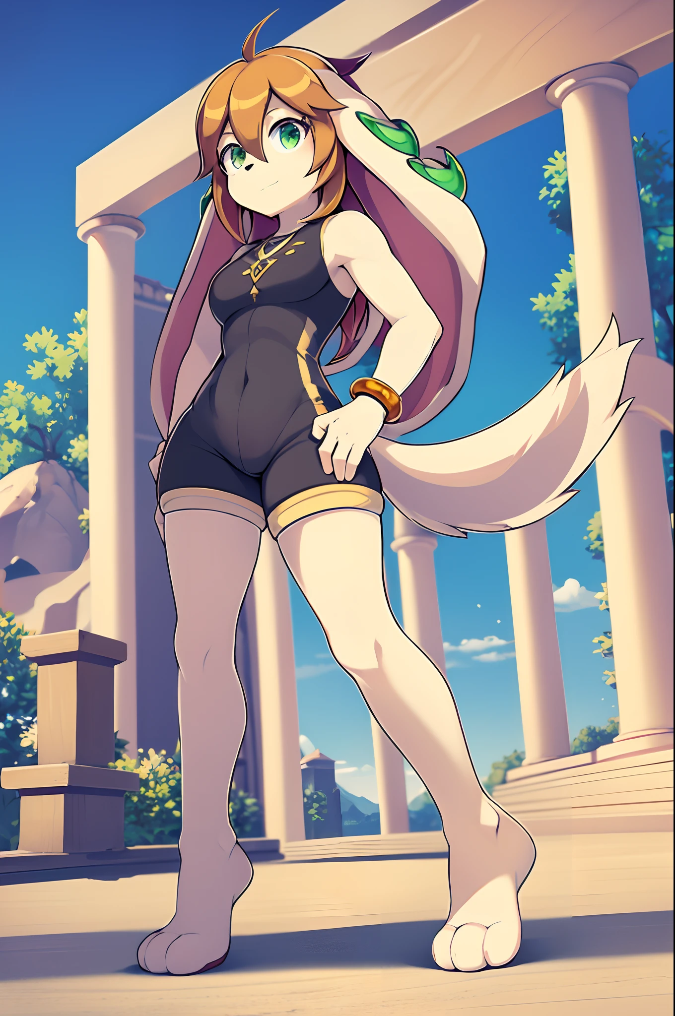 milla basset, masterpiece, best quality, 1girl, solo, long hair, looking at viewer, bangs, brown hair, shirt, animal ears, hair between eyes, bare shoulders, jewelry, breasts, green eyes, standing, tail, thighs, outside, shorts, sleeveless, shiny, bracelet, standing, full body