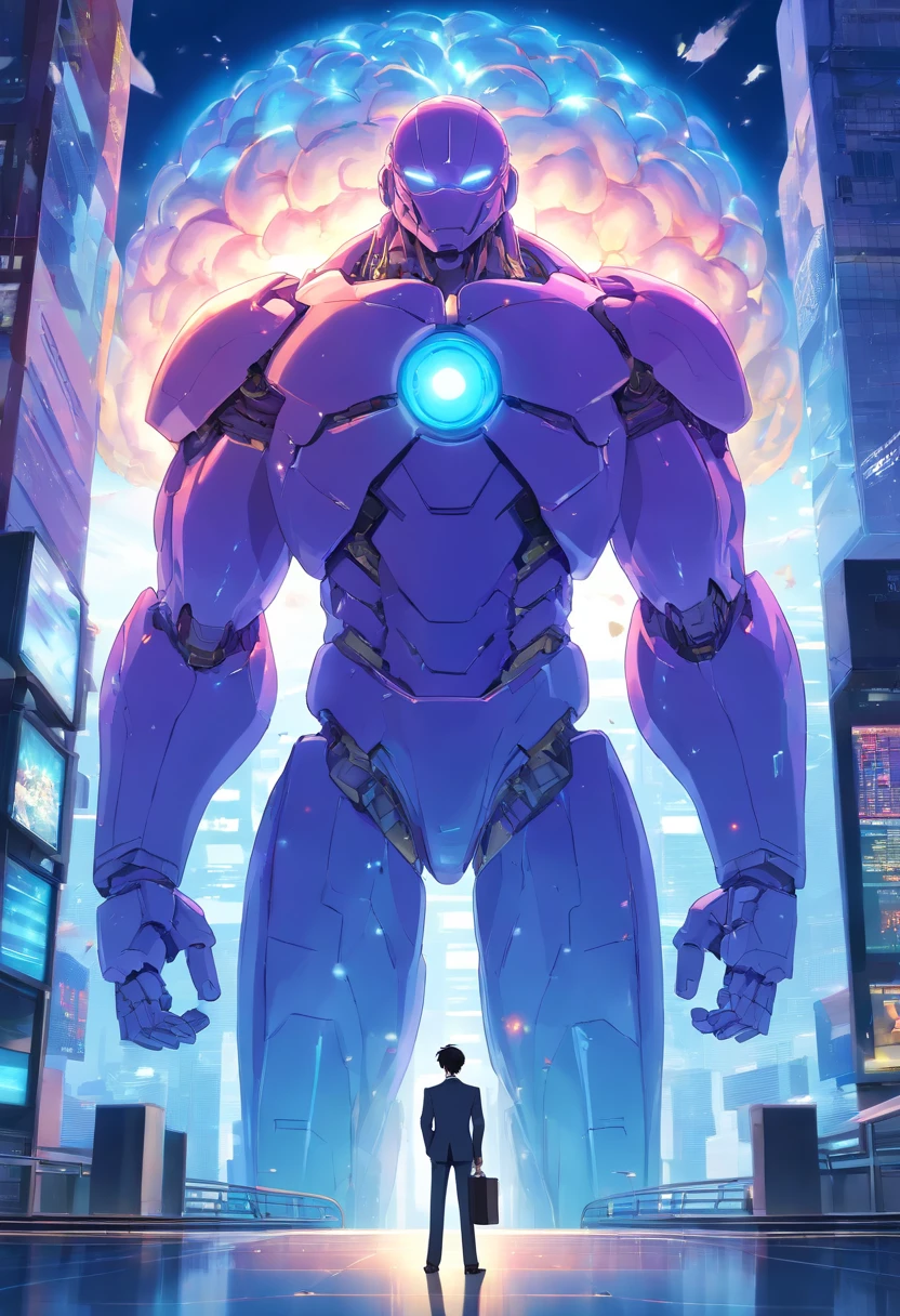 a man in suit standing in front of a big brains. The big brain is two times higher than him