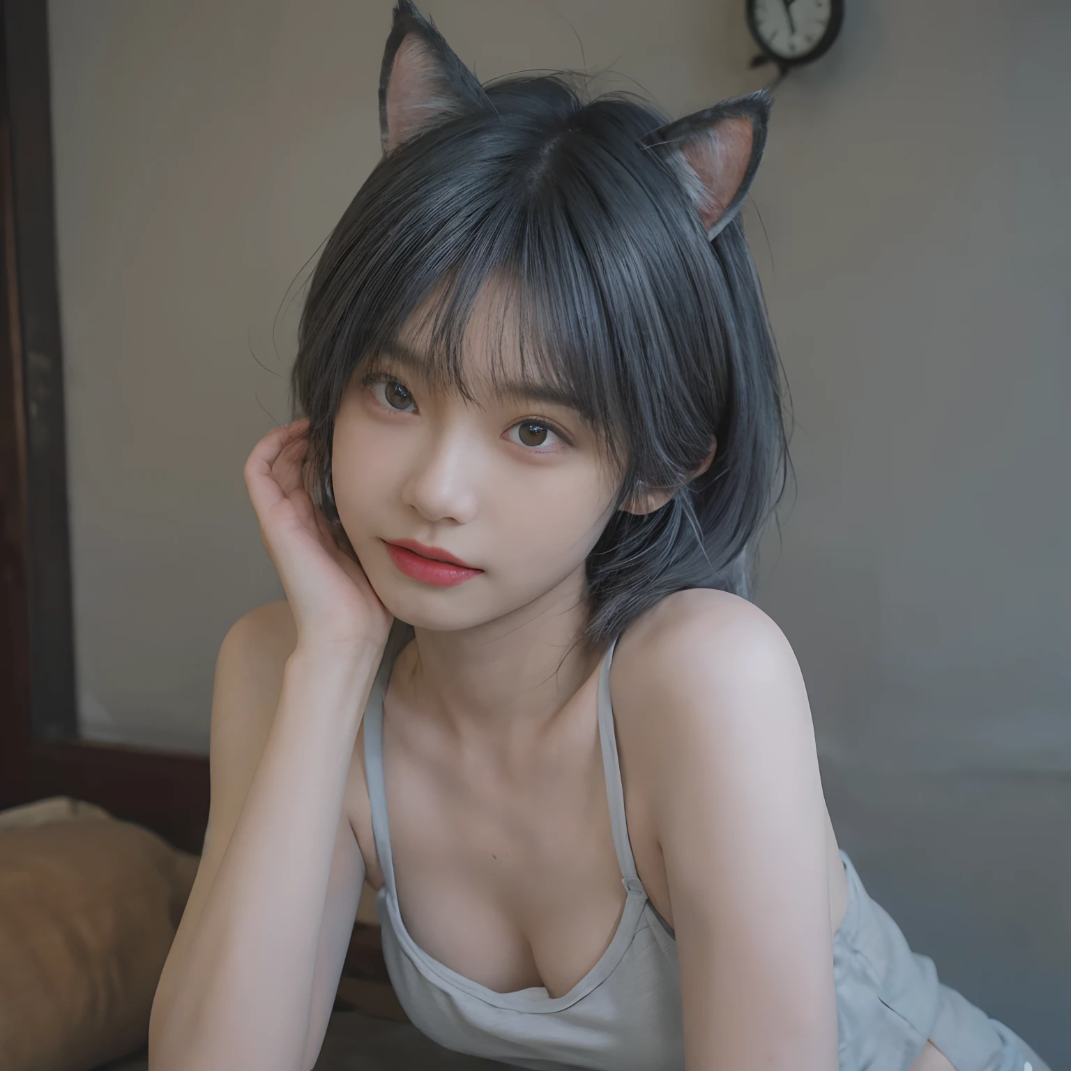 8K,((NSFW))、(Sexy poses collection)、((in one's underwear only))、(((Gray hair color))) 、undersized head、Best Quality, masutepiece, Ultra High Resolution, (Realism: 1.4), Original photo, (True skin texture: 1.3), (Film grain: 1.3), Beautiful eyes and face details, masutepiece, Best Quality, close up, Full body, Look at the viewer,Orange ribbon、short-cut、18year old、gray cat ears