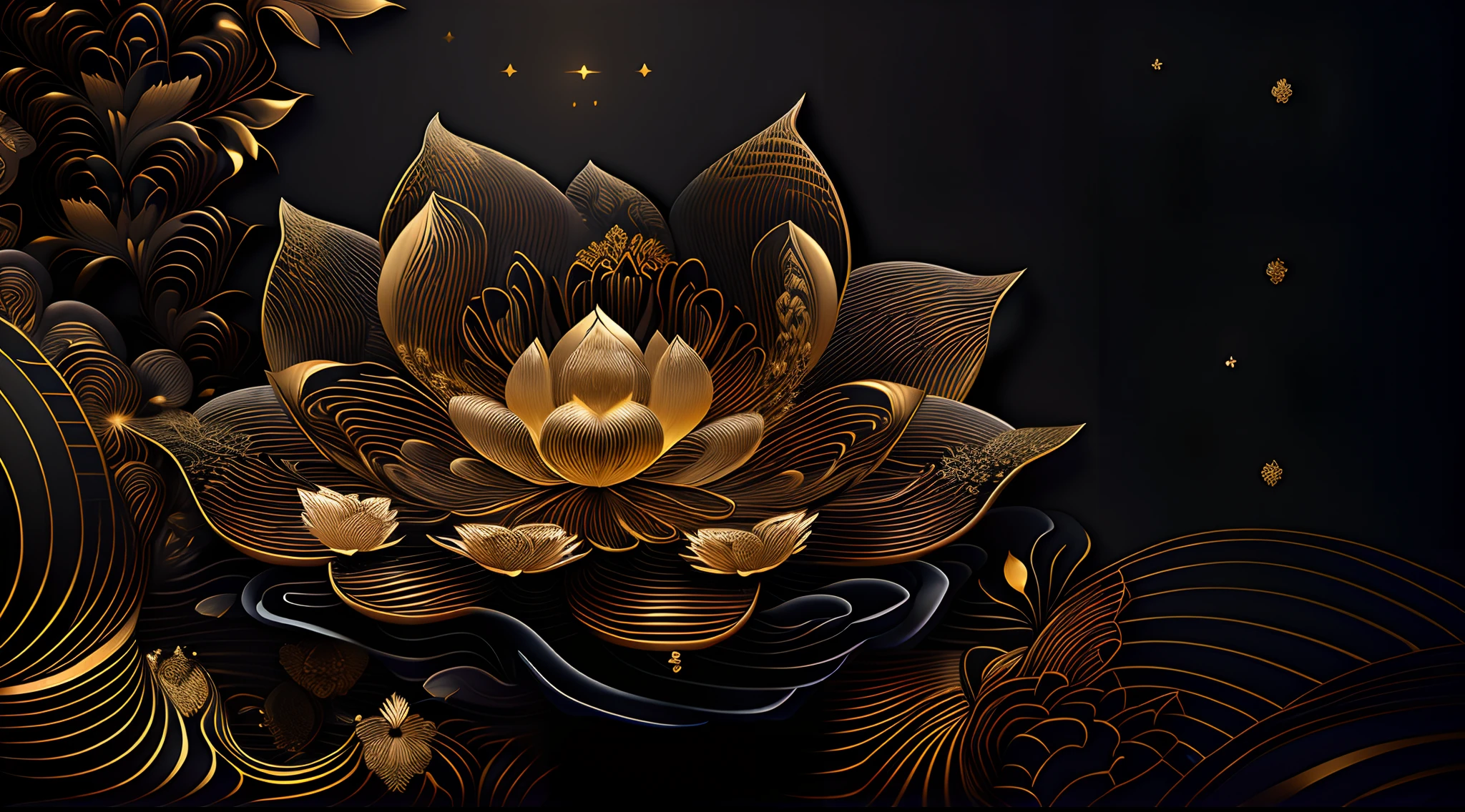 there is a gold flower on a black background with waves, lotus, glowing delicate flower, lotus flower, delicate detailing golden stroke, gold flowers, intricate gold elements, with lotus flowers, intricate gold linework, exquisite line art, gold detailed line work, black lotus, intricate flower designs, lotus petals, ultra intricate, intricate golden threads, intricate 3 d illustration