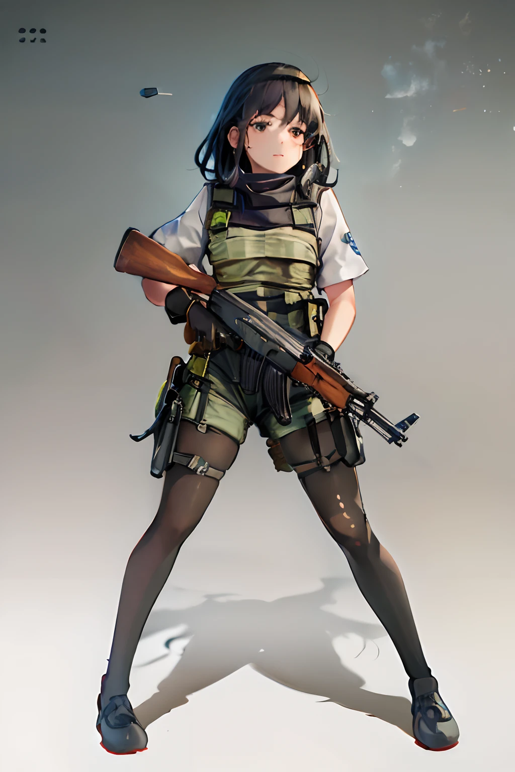 ((best quality)), ((masterpiece)), ((high res)), 1girl, muslim, brown eyes, full body, gloves, black hair, gun, holding and aiming gun, holding weapon, holster, kochiy sanae, solo, suppressor, thigh holster, thigh strap, trigger discipline, weapon, medium hair, matching pantyhose, tights, shorts, serious