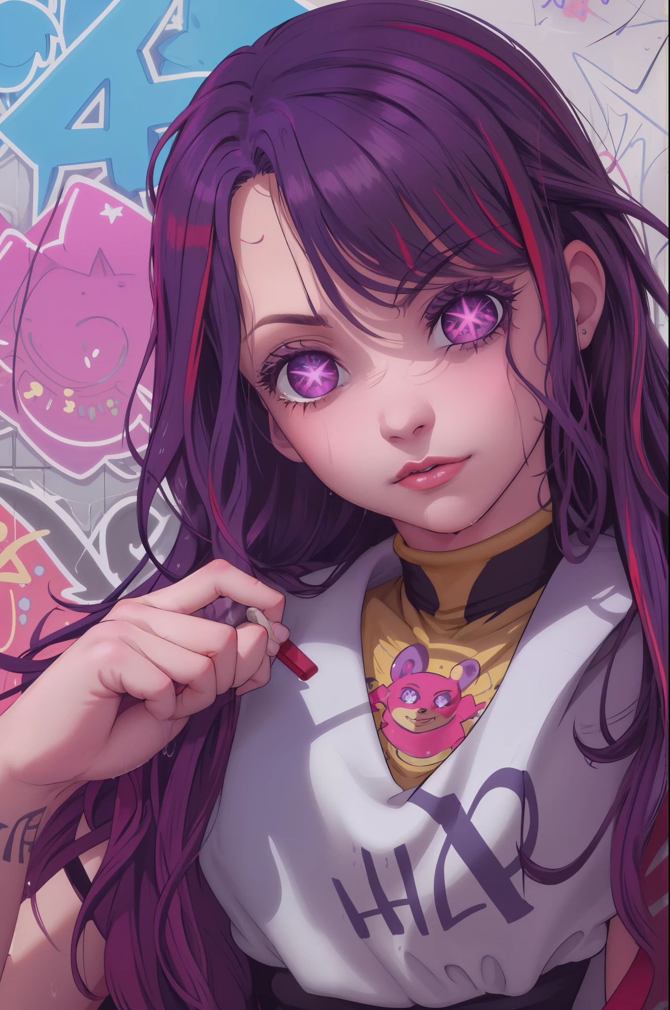 (hip hop scene) a very hip hop confidant badass arrogant cocky boss bitch attitude  ai, long hair, purple hair, streaked hair ,purple eyes, star-shaped pupils, hair ornamen  selfie pose on graffiti wall  incrsdealwithit
at a dripp wet water drenched graffiti wall