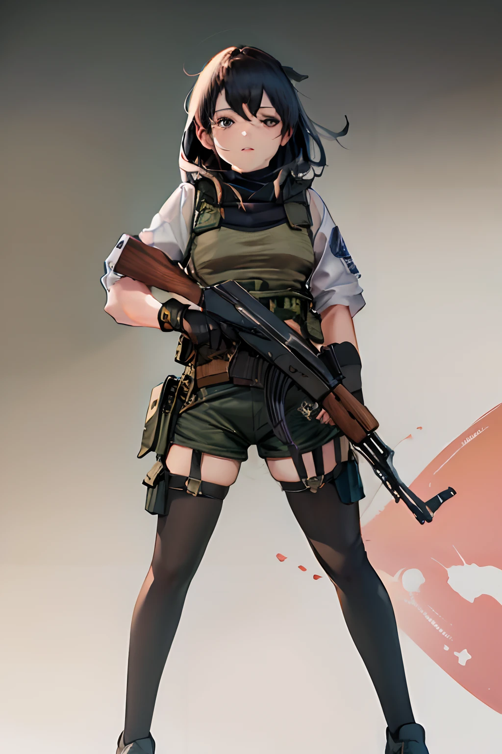 ((best quality)), ((masterpiece)), ((high res)), 1girl, muslim, brown eyes, full body, gloves, black hair, gun, holding and aiming gun, holding weapon, holster, kochiy sanae, solo, suppressor, thigh holster, thigh strap, trigger discipline, weapon, medium hair, matching pantyhose, tights, shorts, serious