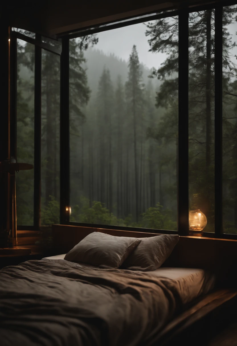 Bedroom with view of dark forest

