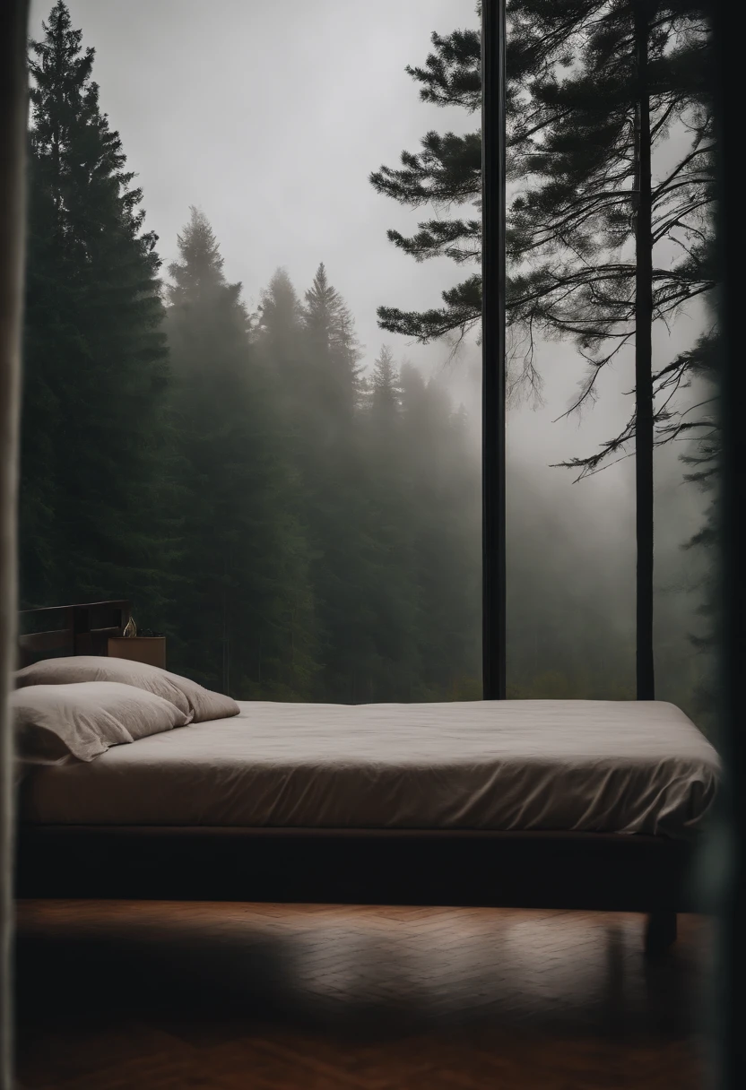 (masterpiece, bestquality),Bedroom with Pine Forest View,Outside the window,It's raining,Fog,Soft mattress, forests,warm,