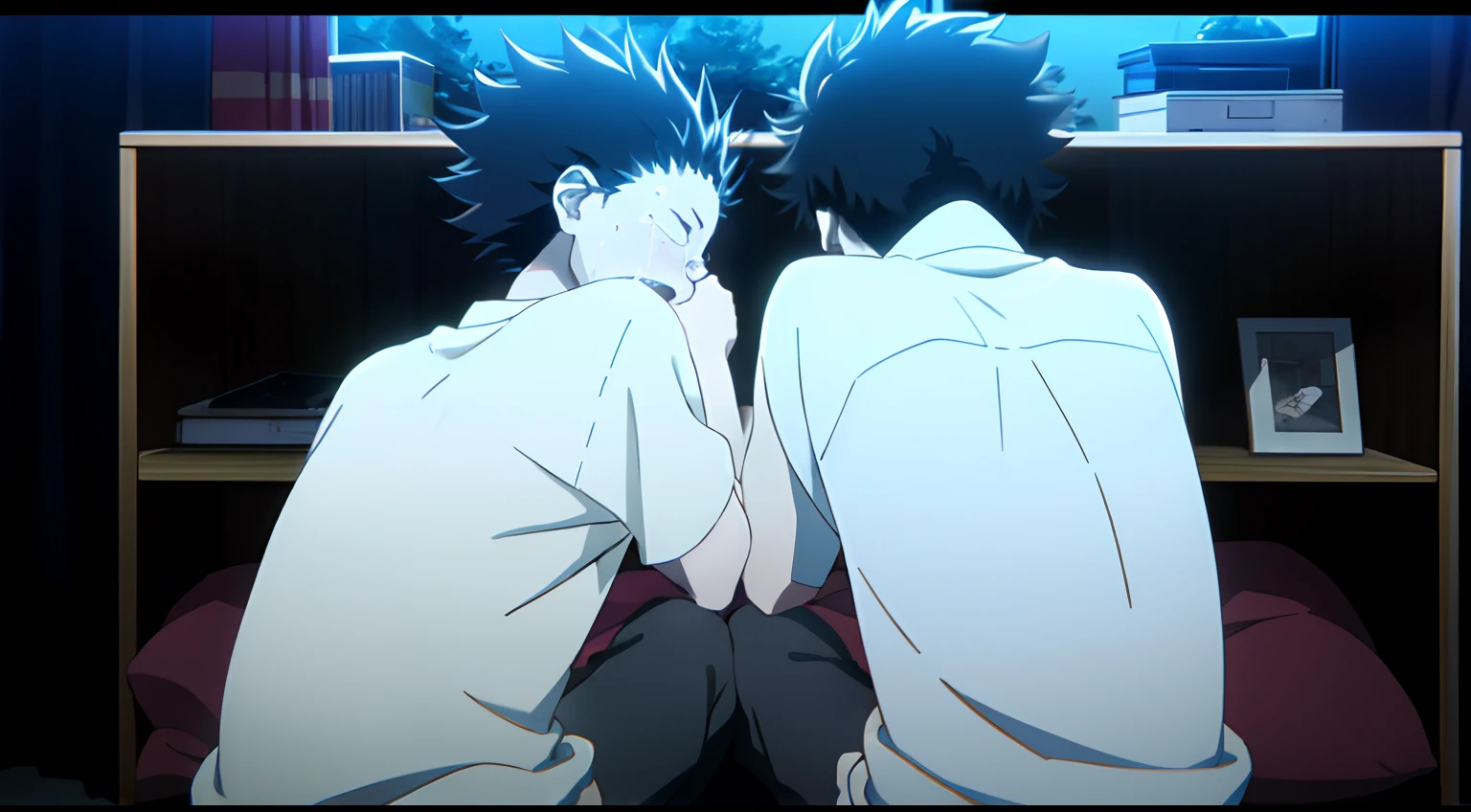 koe no katachi, man in tention, sad, upset, crying, bedroom, dim light, night , dark black night, sleep, Full body view