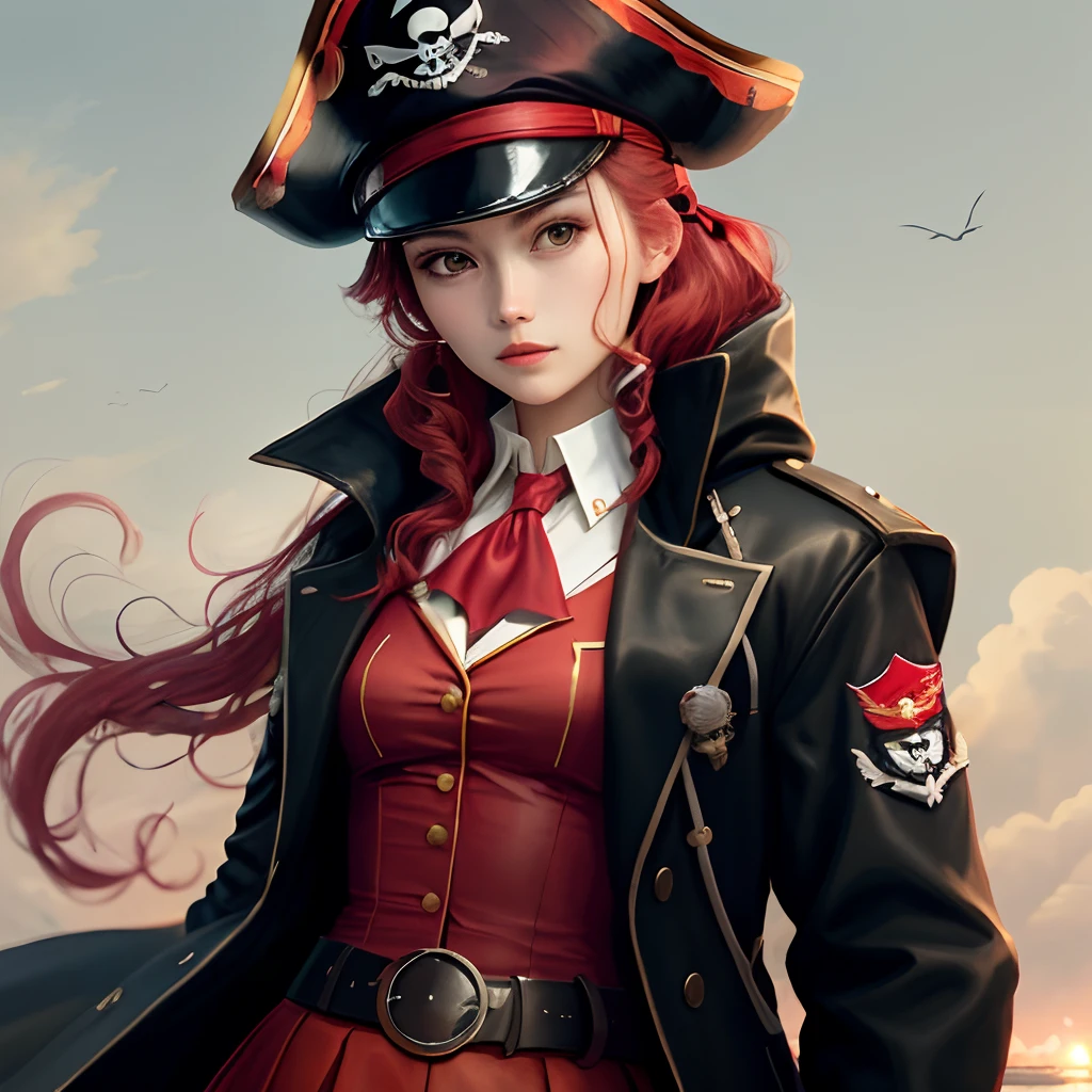 marine, hair ribbon, red ascot, red skirt, belt, leotard under clothes, sleeveless, black coat, pirate hat,