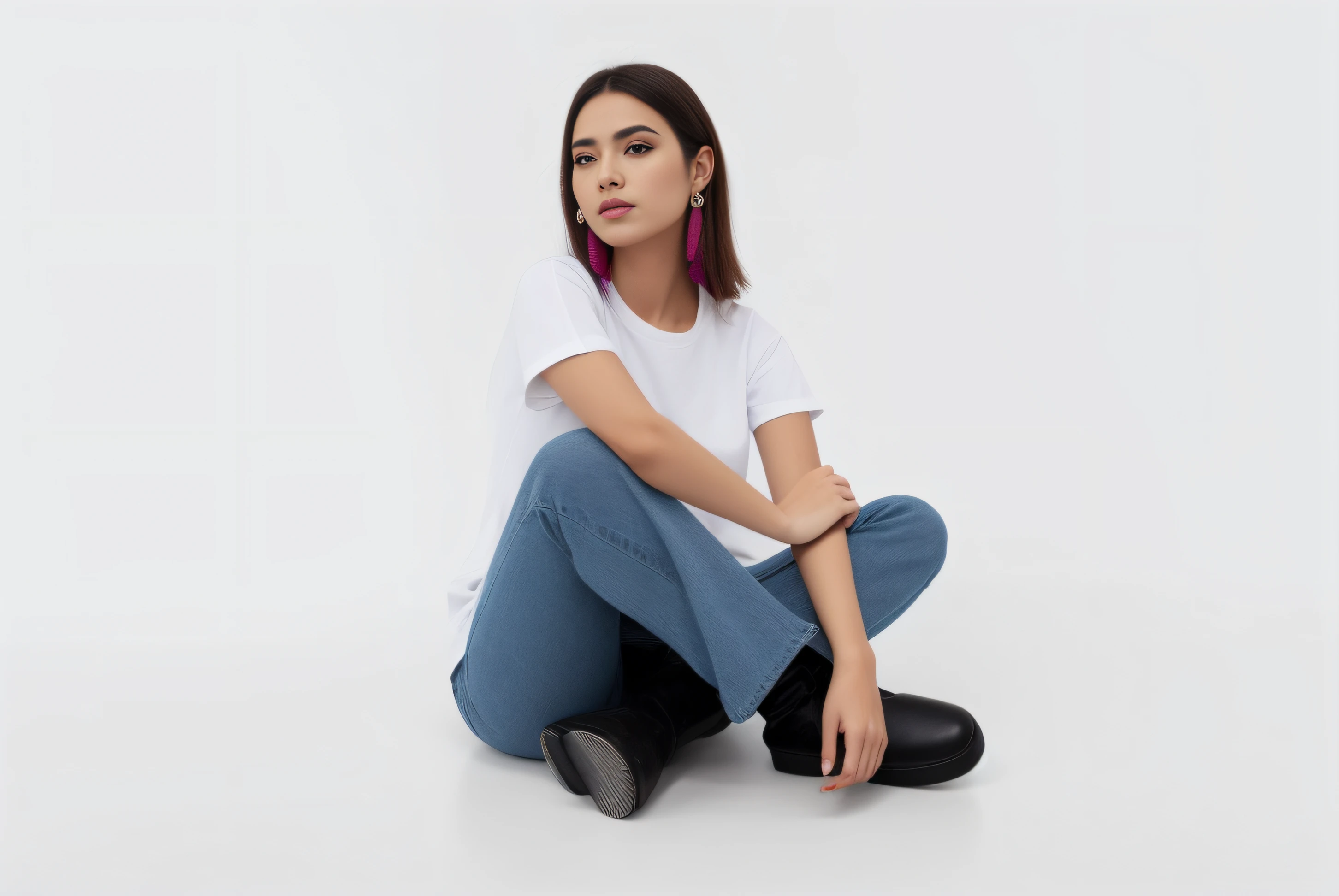 Woman sitting on the floor with her legs crossed, foto da mulher jovem, Pose casual, retrato de alta qualidade, roupas casuais modernas, usando roupas casuais, jeans e camiseta, Foto de uma mulher, white shirt and blue jeans, white shirt and jeans, woman is sitting, sitting on ground, usando roupas casuais, roupas casuais modernas