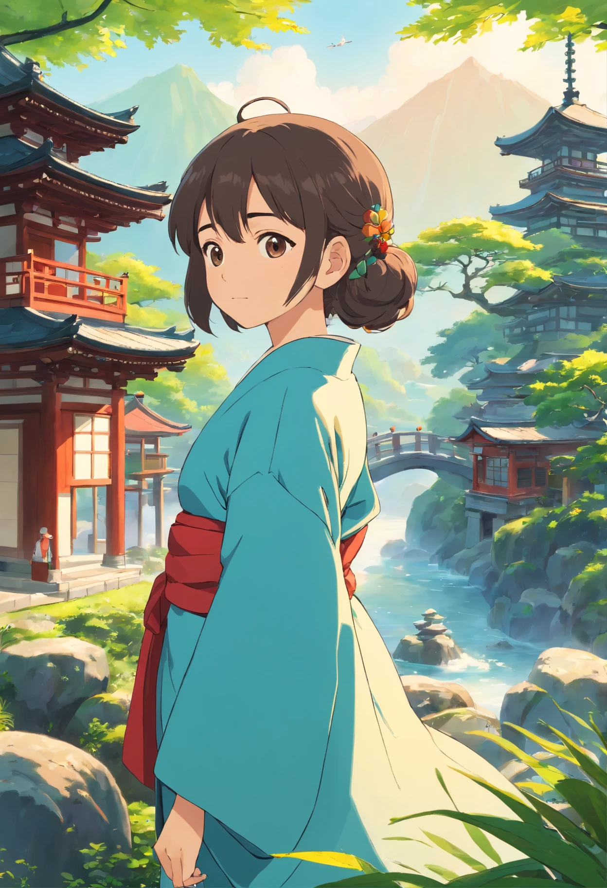 Su ojo izquierdo es de cristal. Asian girl, Cabello largo, Front view, cuerpo completo, Set against the backdrop of a Japanese temple, with trees, rivers, A beautiful sunny day. The girl will wear a red kimono, Tiene una cicatriz en el ojo izquierdo.