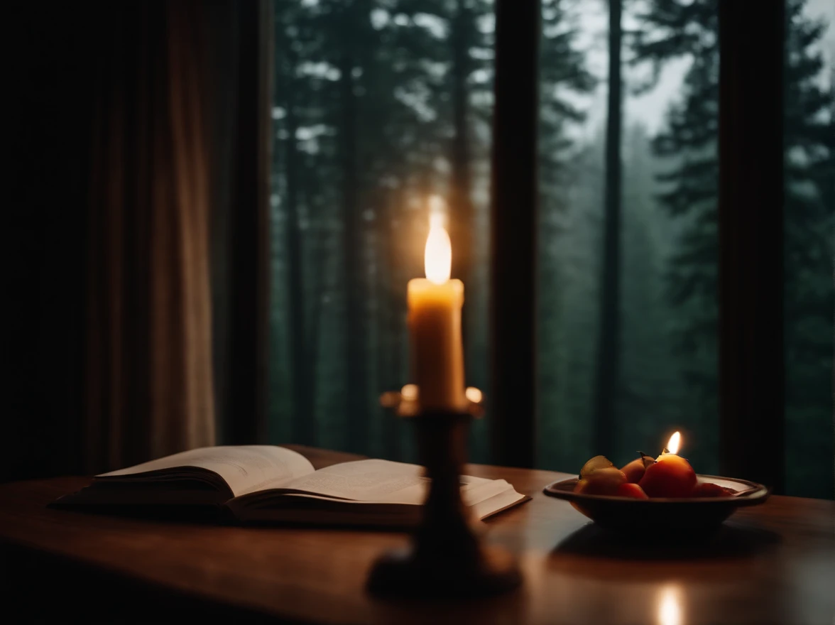 (masterpiece, bestquality),Bedroom with Pine Forest View,Outside the window,It's raining,Fog,candle lit,warm,
