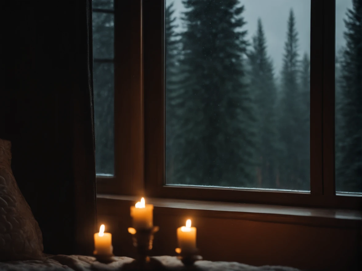 (masterpiece, bestquality),Bedroom with Pine Forest View,Outside the window,It's raining,Fog,candle lit,warm,