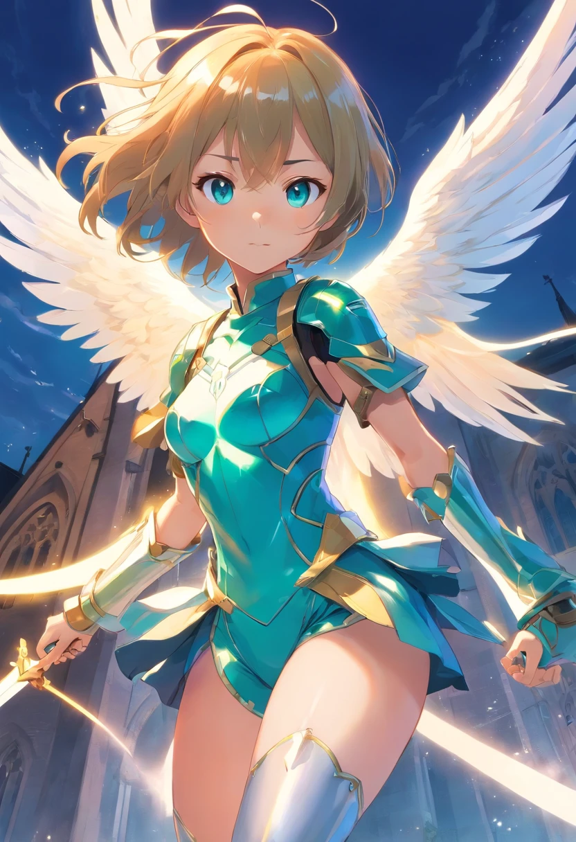 angelical，Teenage female，hair light，turquoise pupils，-yead angHigh & Cold，big breastes, nice ass，divine，Orus，royal sister，with a round face，Holding a Big Sword，metallic armor，churches, full - body, big thighs,