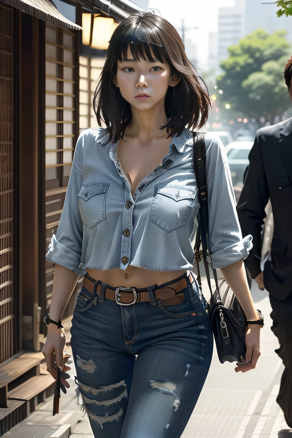 (masterpiece、high-level image quality、hightquality).large full breasts:1.3、Smooth skin、beautiful japanese female:1.3、Brilliant action、Dangerous investigations、Beauty Detective:1.3、bangss、good-looking、(perfect anatomia、Beautiful limbs、Perfect body、Ultimate Body)、Tough、Hard-boiled、Black leather jeans、jeans、(holster、Magnum 44 8 inch)、beauty legs、outlaw、Walk through the building streets of Tokyo's big cities、((Female version of Dirty Harry)),