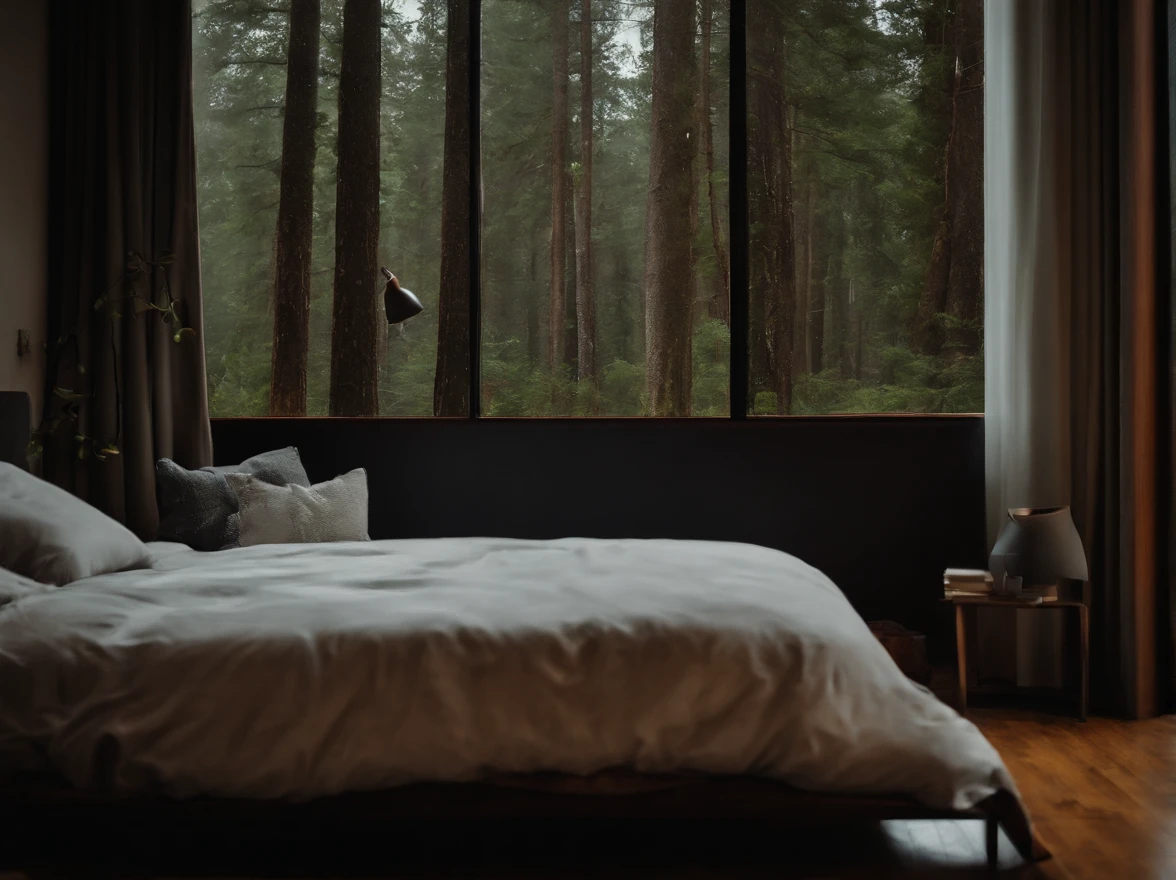 (masterpiece, bestquality),Bedroom with Pine Forest View,Outside the window,It's raining,Fog,candle lit,bed, forests,warm,