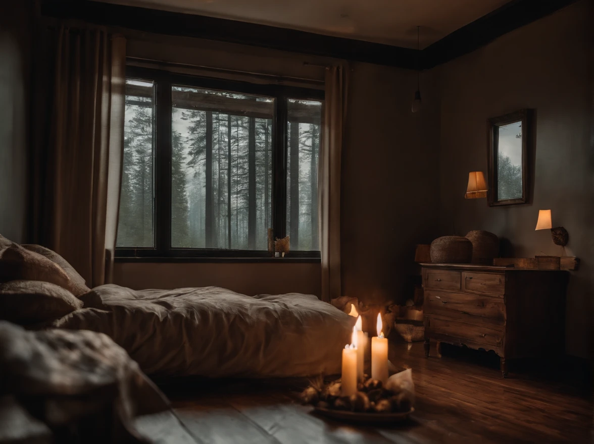 (masterpiece, bestquality),Bedroom with Pine Forest View,Outside the window,It's raining,Fog,candle lit,bed, forests,warm,