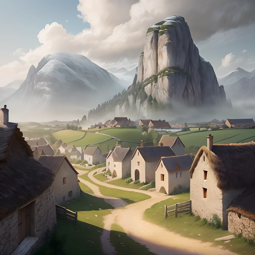 a view of a village in the countryside with mountains in the background, realistic photo of a village, inspired by Martin Deschambault, distant village background, flat matte painting, medieval french landscape, dreamy matte painting, photorealistic landscape, distant village landscape, martin raphael lacoste, rural town scene, illustration matte painting, southern european landscape