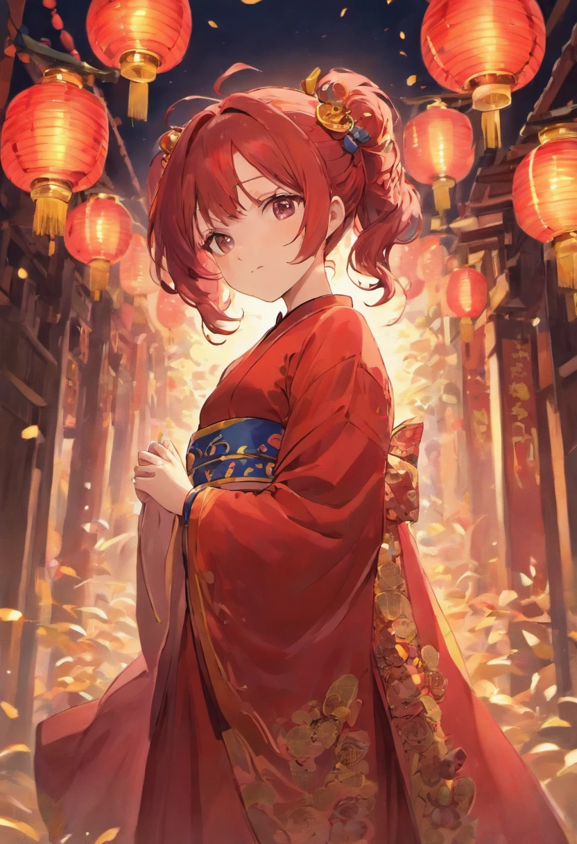 mid-autumn festival,celebration,A series of red lanterns,A young woman wears a red Chinese dress,Shoulders exposed,Clear detail,Face forward