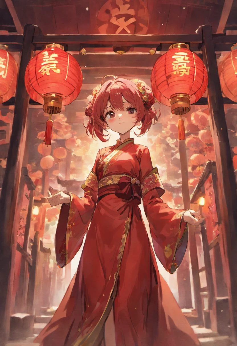 mid-autumn festival,celebration,A series of red lanterns,A young woman wears a red Chinese dress,Shoulders exposed,Clear detail,Face forward