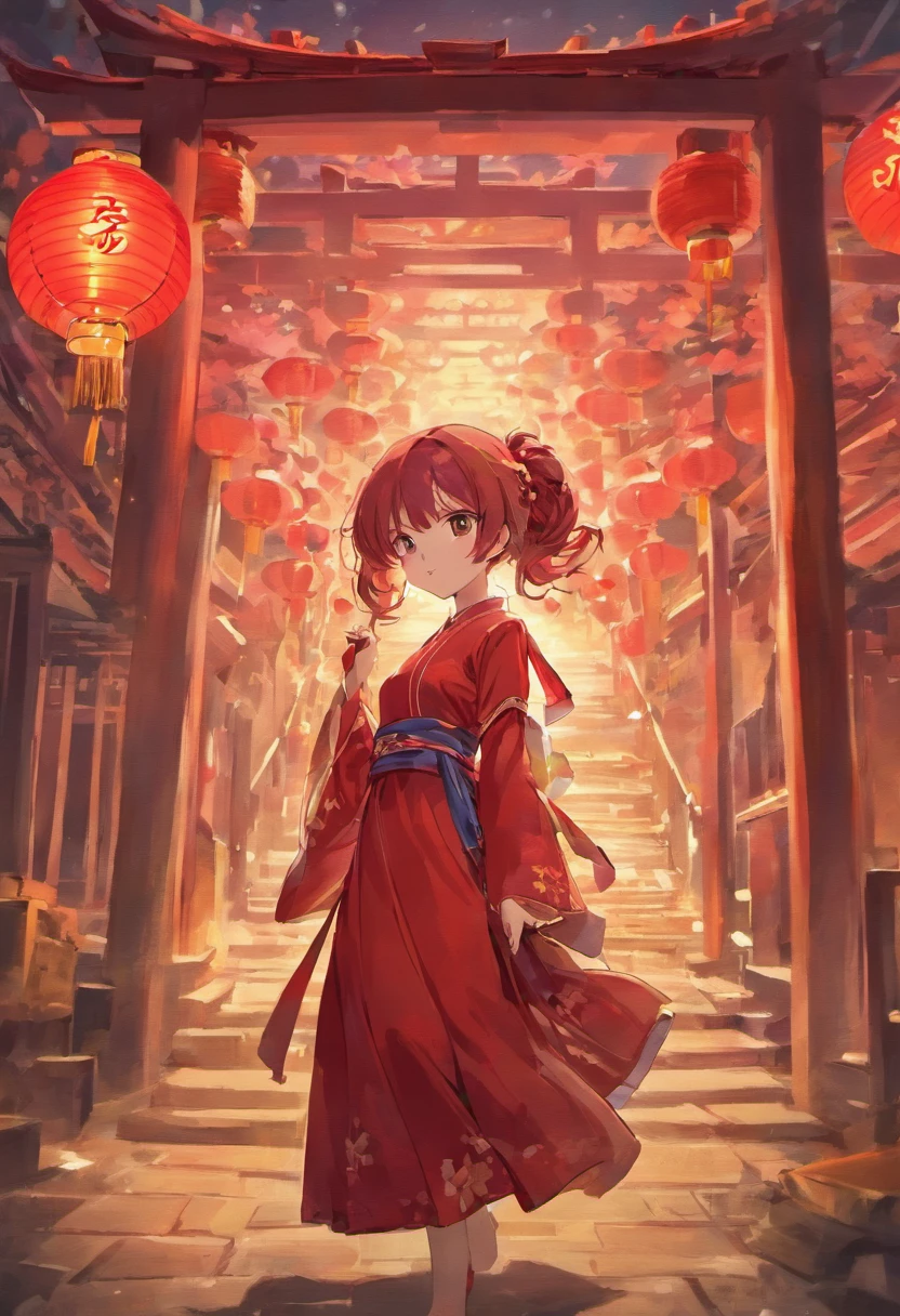 mid-autumn festival，celebration，A series of red lanterns，A young woman wears a red Chinese dress，Shoulders exposed，Clear detail，Face forward