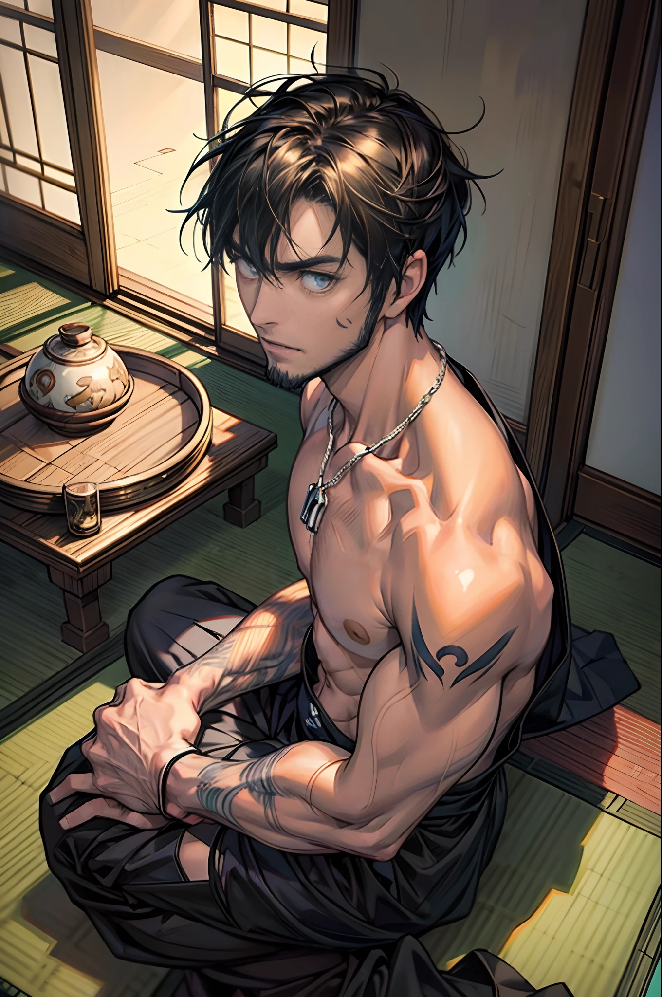 Goya Kuza, Sit on a tatami floor，In a spacious traditional dark Japanese style room, Strong and handsome 35-year-old man, Super short blonde hair, trimmed beard, Masculine face shape, Wide face, Tall stature, The whole body is filled with delicate and gorgeous Japanese ukiyo-e style tattoos, 耳Nipple Ring, nipple piercing, Men wear simple gold necklaces, Japanese-style standing lamps, natural light outside, Strong contrast between light and shadow, ((Ultra-low angle shooting)), Cinematic full-lens camera, ((((high detal)))), (Camera FS), (Full shot), Art style, (perfect bodies), (Perfect face), (Perfect eye), dangerous, bad-ass, Epic, Male, Anime style, Vector illustration, (((by Ghibli Studio))), Makoto Shinkai, black, ((((com rosto detalhado)))), color full