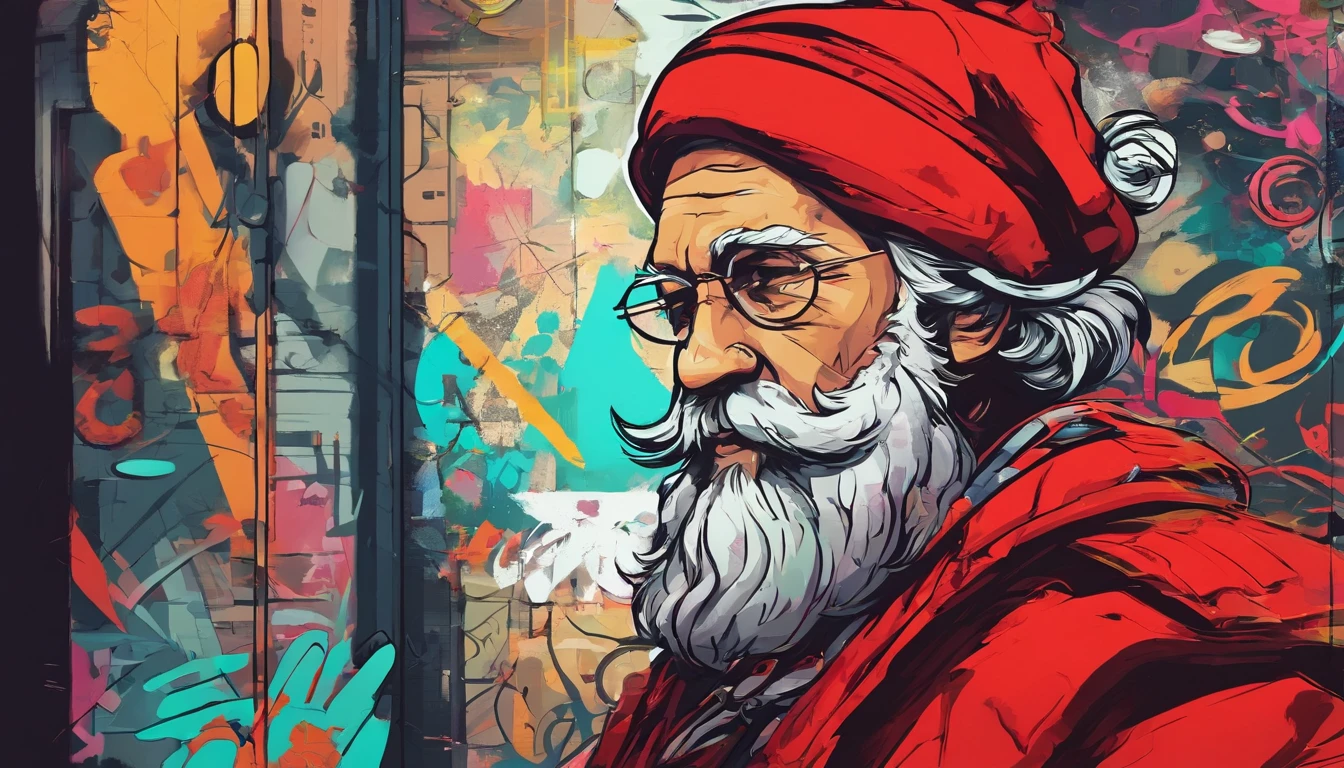 old male, A long gray beard dressed in a red coat in the city, steampunc, 2D art games, Detailed character expressions, close up, in the style of soft brushstroke realism, Dark and neon colors, ::1 neckline ::-0.5 --ar 2:3 - without splitting