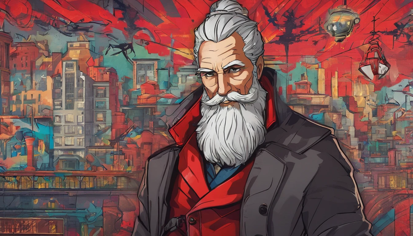 old male, A long gray beard dressed in a red coat in the city, steampunc, 2D art games, Detailed character expressions, close up, in the style of soft brushstroke realism, Dark and neon colors, ::1 neckline ::-0.5 --ar 2:3 - without splitting