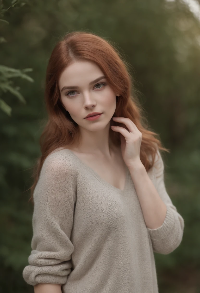 professionnel, (Photo 4k:1.1) (mise au point nette:1.3), High detail, Porter (pull en tricot:1.2), beautifull detailed face, A pretty 19-year-old girl with coppery red hair , Panasonic Lumix S Pro 50mm F/1.4, splash of color, dark orange and dark emerald, Ferrania P30, photo realist, (Jeune adolescente :1.3), (belle:1.1), (rougissant:1.1), Forme du corps du sablier, petit seins ronds, hanches mince, at university, 19ans, grande, avec des tresses,