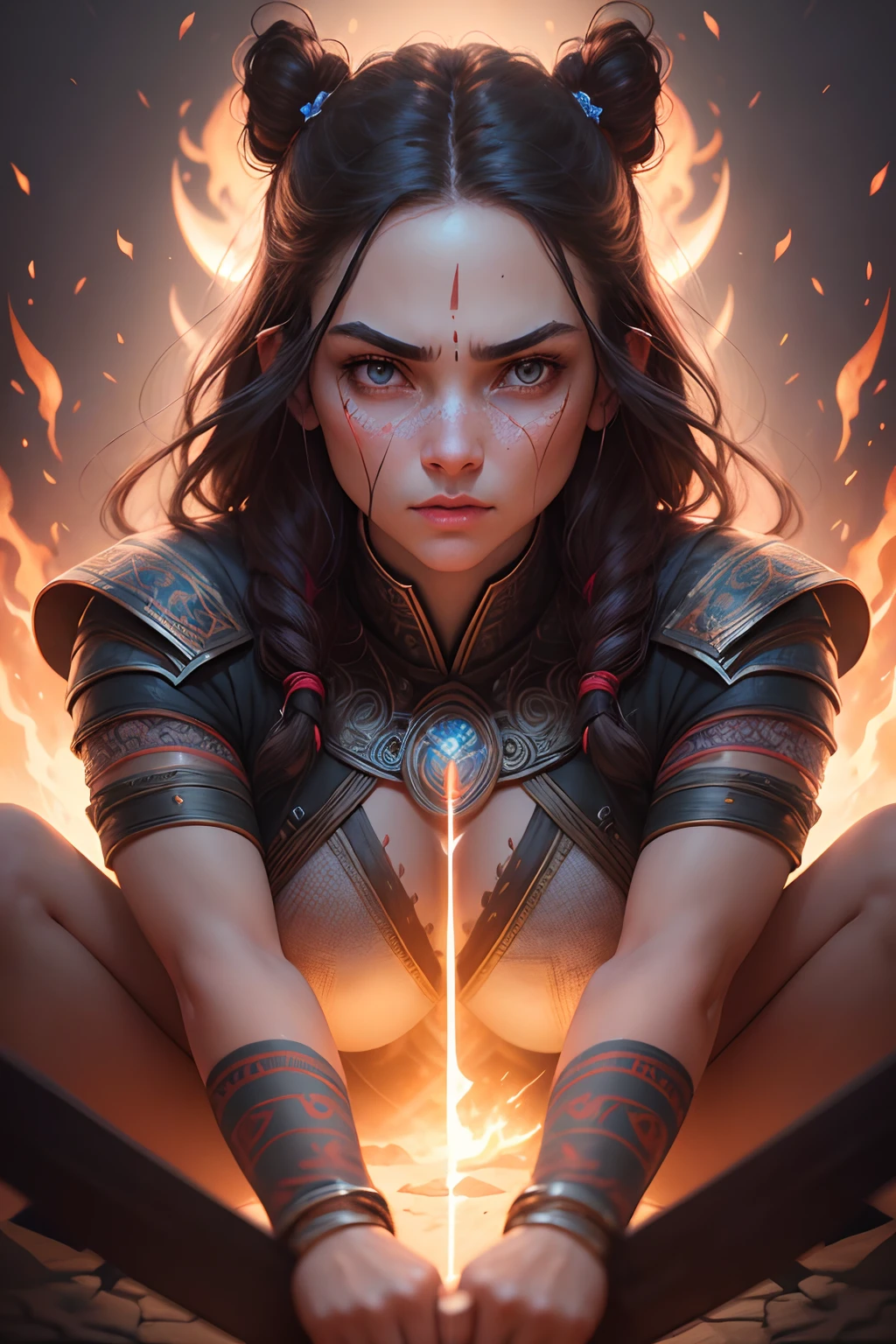 Strong warrior woman, playing with fire, highly detailed, symmetrical face, symmetrical eyes, locks eyes into the camera, stunning photography, photorealistic, art station, soft pastel colours, highly detailed, intricate, path tracing, illustration, insanely detailed, shadow mapping volumetric light, specular lighting