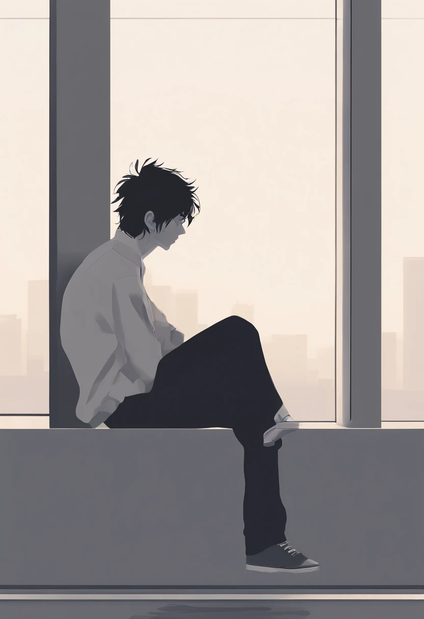 indie game art, simple, minimalist, sad looking young boy, messy hair