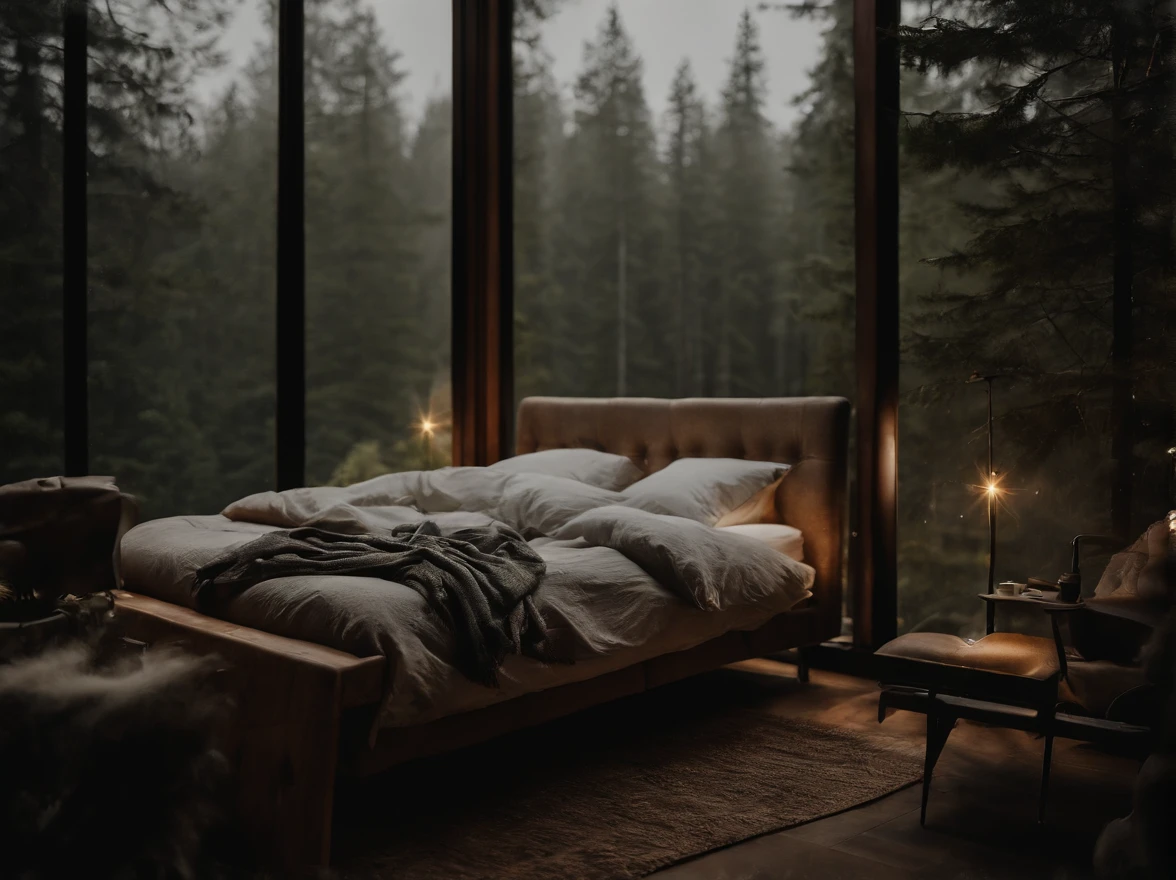(masterpiece, bestquality),Bedroom with Pine Forest View,Outside the window,It's raining,Fog,Comfy bed., forests,warm,Evening lighting