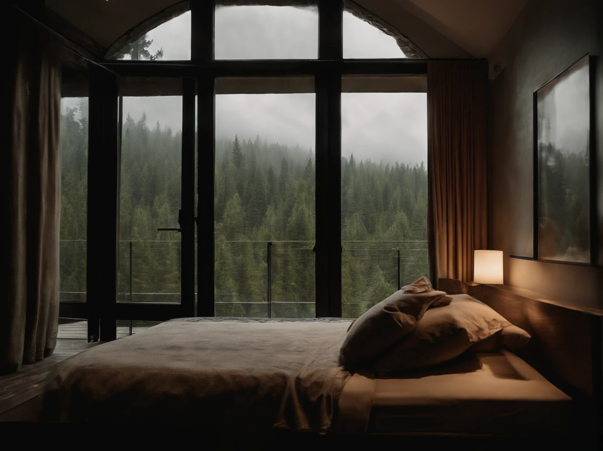 (masterpiece, bestquality),Bedroom with Pine Forest View,Outside the window,It's raining,Fog,Comfy bed., forests,warm,Evening lighting