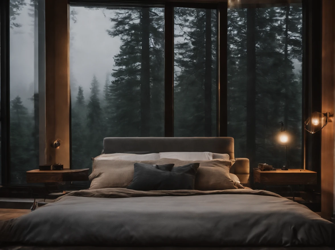 (masterpiece, bestquality),Bedroom with Pine Forest View,Outside the window,It's raining,Fog,Comfy bed., forests,warm,Evening lighting